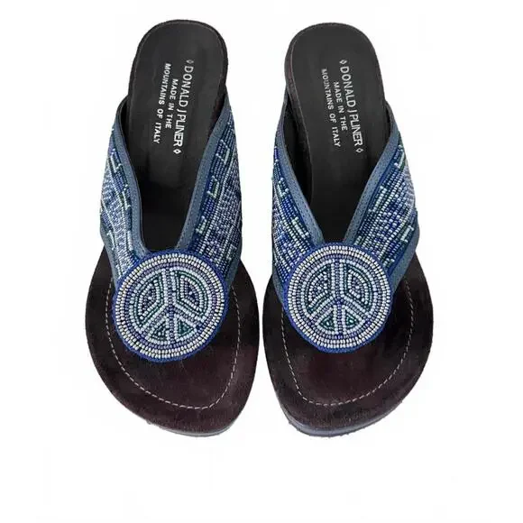 Donald J Pliner Blue Beaded Peace Thong Wedge Sandals Size 7 - Picture 1 of 5